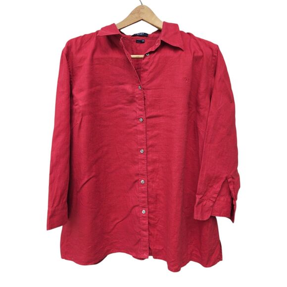 Chaps Women Linen Top 2X Red Button Front Coastal Summer Casual 3/4 Split Sleeve - Picture 1 of 9
